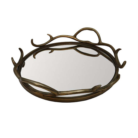 Antler Style Aluminium Round Mirror Decorative Tray - Gold