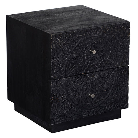 French Vintage Country Chic Black Wynter Bedside Table With Carved Wood Design