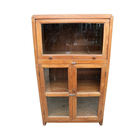 Unique 3 Door Display Cabinet Cupboard Rustic Original Wood & Glass
