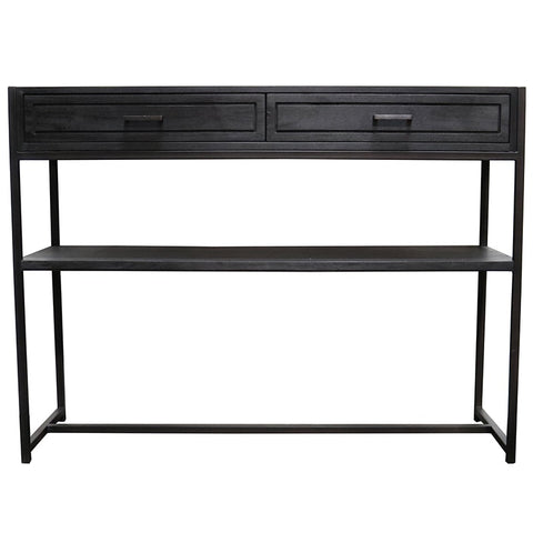 Cromwell Rustic Black Wood & Iron Console Table With Drawers & Shelf