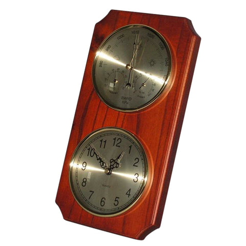 Barometer Mahogany Tan Wood Wall Hanging With Thermometer, Hygrometer & Clock