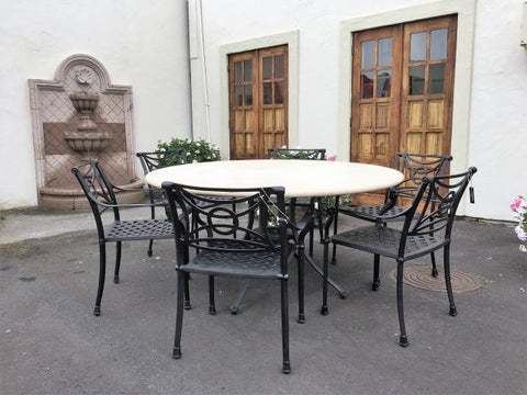 Round Santorini Outdoor Table Tavertine Stone & Cast Aluminium - Last A Lifetime