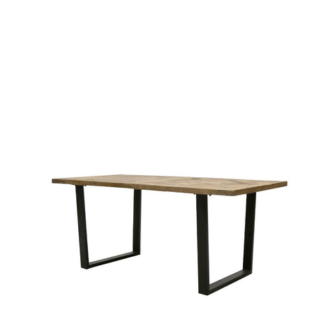 Cumbria Geometric Inlay Reclaimed Elm Wood & Iron Base Dining Table