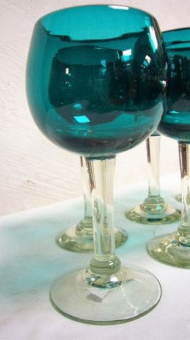 Handblown Solid Mexican Glass Red Wine Goblets - Set of 6 (Teal Green Colour)